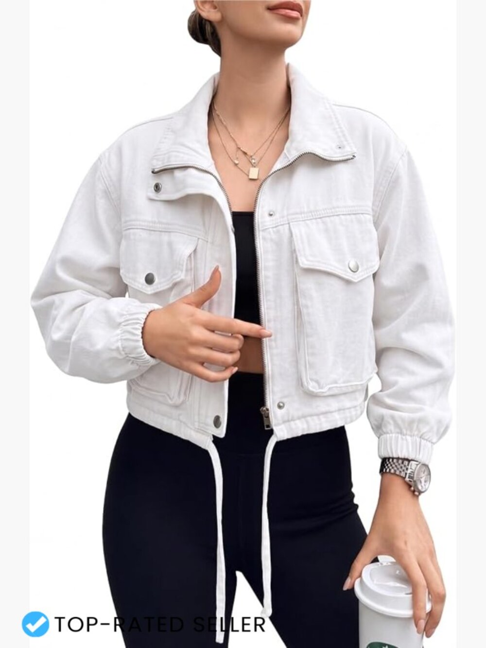 Cropped Denim Jacket Y2K Lightweight Zip Up Flap Pockets Retro Streetwear